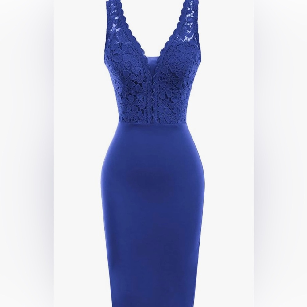 Grace Karin- Blue V-Neck Midi Dress